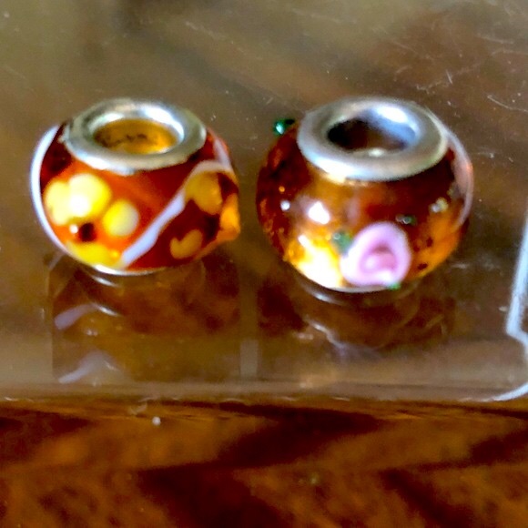 2-amber colored floral blown glass bracelet/ necklace spacer beads - Picture 1 of 10